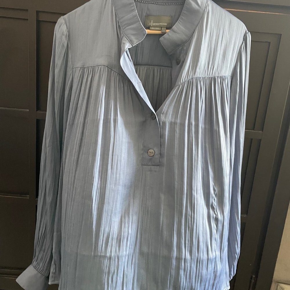 Anthropologie Shimmery Steel Blue Blouse
